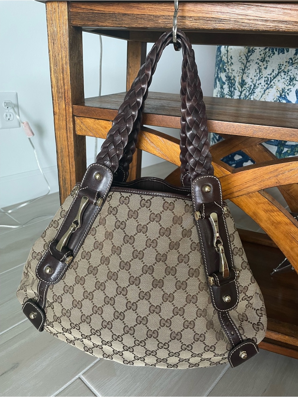 Gucci Brown GG Canvas Shoulder Bag with Braided Dark Brown Handles